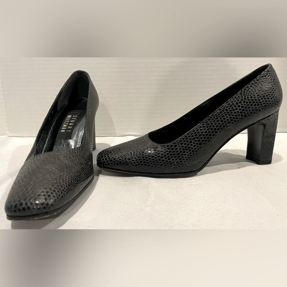 STUART WEITZMAN Black Leather Snake Print Square Toe Block Heels Women’s Size 6